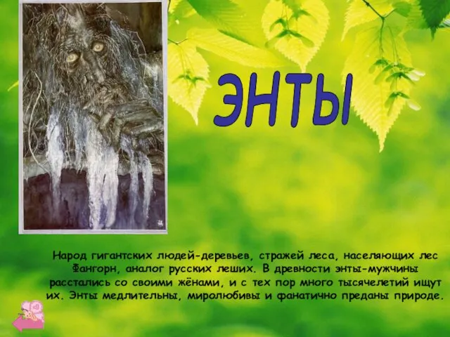энты Народ гигантских людей-деревьев, стражей леса, населяющих лес Фангорн, аналог русских леших.