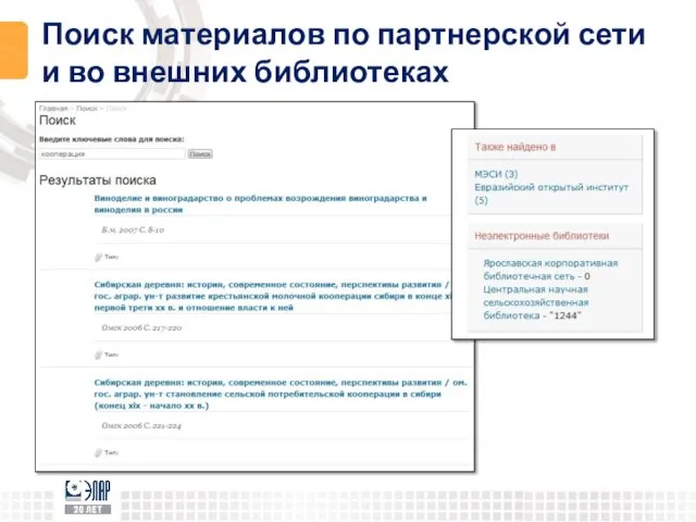 Поиск материалов по партнерской сети и во внешних библиотеках