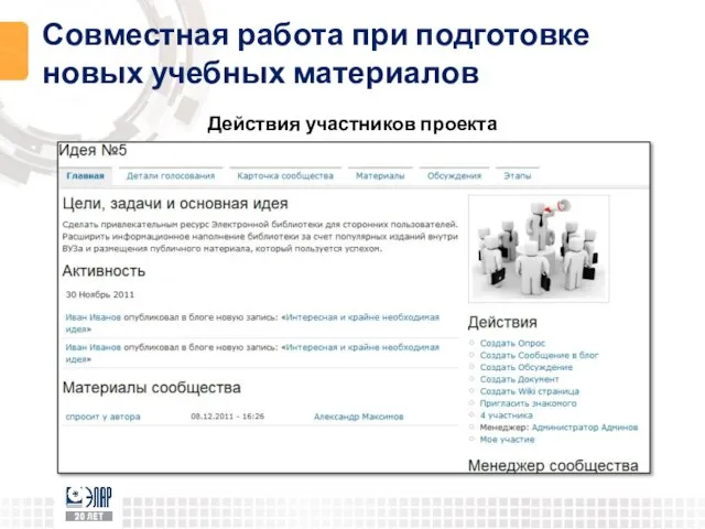 Совместная работа при подготовке новых учебных материалов Действия участников проекта