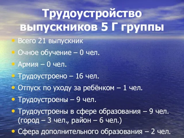 Трудоустройство выпускников 5 Г группы Всего 21 выпускник Очное обучение – 0