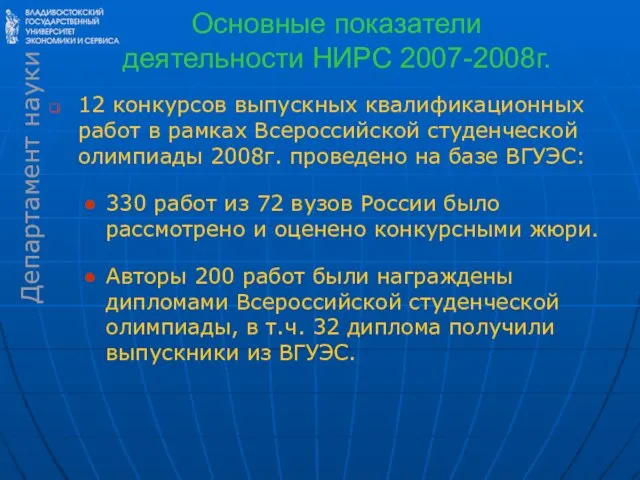 Основные показатели деятельности НИРС 2007-2008г. 12 конкурсов выпускных квалификационных работ в рамках