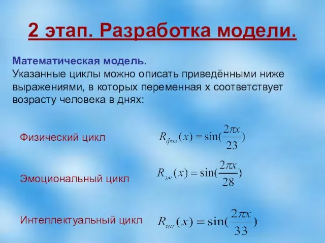 2 этап. Разработка модели. Физический цикл Эмоциональный цикл Интеллектуальный цикл Математическая модель.