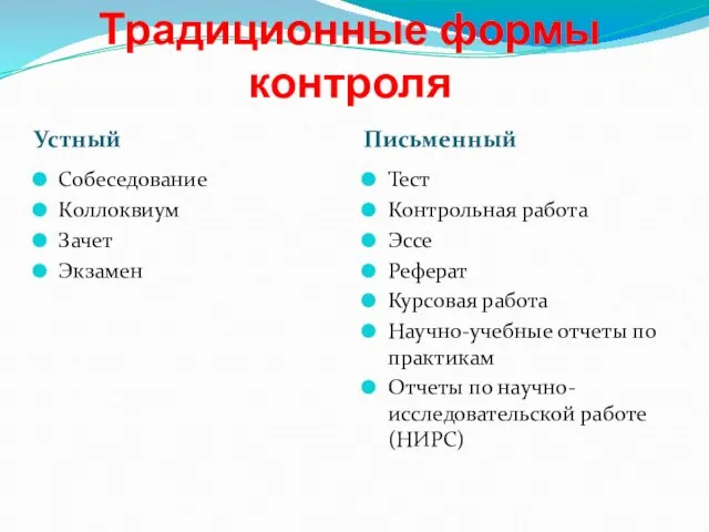 Традиционные формы контроля Устный Письменный Собеседование Коллоквиум Зачет Экзамен Тест Контрольная работа