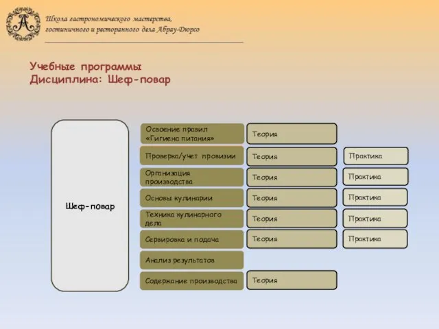 Учебные программы Дисциплина: Шеф-повар Шеф-повар Освоение правил «Гигиена питания» Проверка/учет провизии Организация