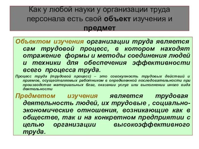 Как у любой науки у организации труда персонала есть свой объект изучения