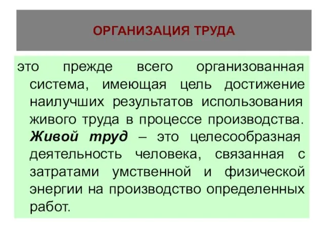 ОРГАНИЗАЦИЯ ТРУДА это прежде всего организованная система, имеющая цель достижение наилучших результатов