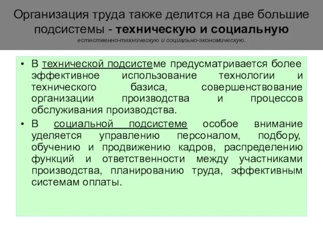 Организация труда также делится на две большие подсистемы - техническую и социальную