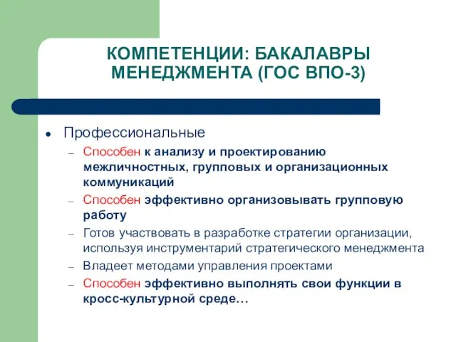 КОМПЕТЕНЦИИ: БАКАЛАВРЫ МЕНЕДЖМЕНТА (ГОС ВПО-3) Профессиональные Способен к анализу и проектированию межличностных,