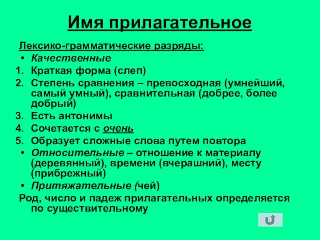 Имя прилагательное Лексико-грамматические разряды: Качественные Краткая форма (слеп) Степень сравнения – превосходная