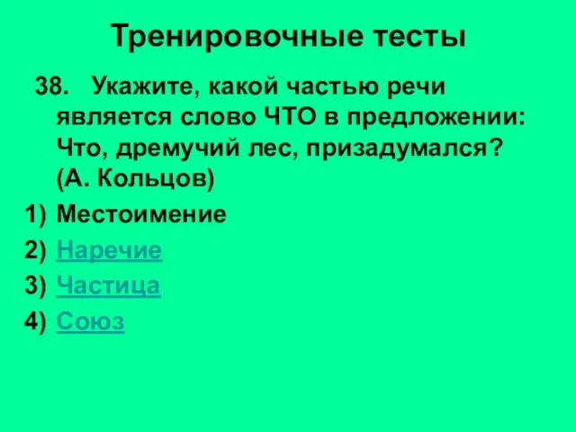 Тренировочные тесты 38. Укажите, какой частью речи является слово ЧТО в предложении: