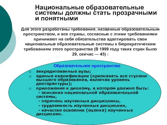 аккредитованные вузы; единые квалификации (признавать все ступени высшего образования, включая уровень докторантуры);