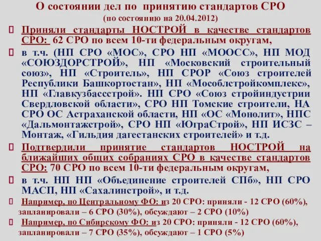О состоянии дел по принятию стандартов СРО (по состоянию на 20.04.2012) Приняли