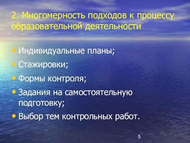 2. Многомерность подходов к процессу образовательной деятельности Индивидуальные планы; Стажировки; Формы контроля;