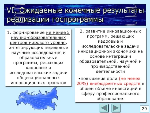 VI. Ожидаемые конечные результаты реализации госпрограммы 1. формирование не менее 5 научно-образовательных