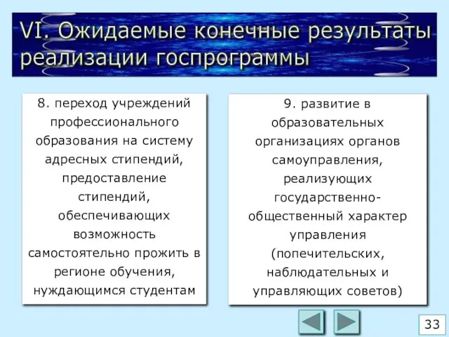 VI. Ожидаемые конечные результаты реализации госпрограммы 8. переход учреждений профессионального образования на