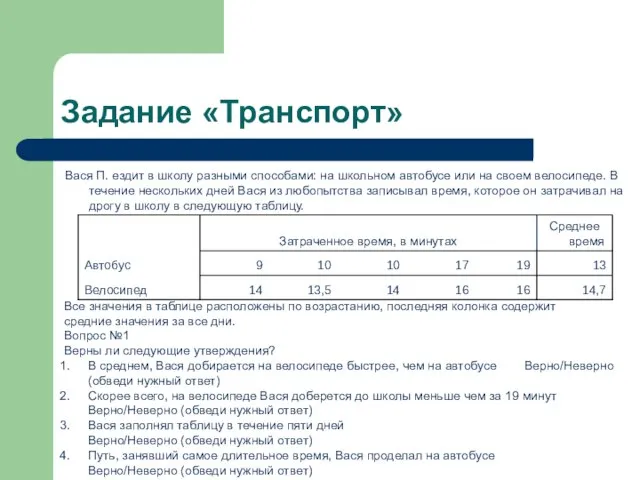 Задание «Транспорт» Вася П. ездит в школу разными способами: на школьном автобусе