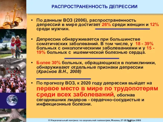 РАСПРОСТРАНЕННОСТЬ ДЕПРЕССИИ По данным ВОЗ (2006), распространенность депрессий в мире достигает 26%