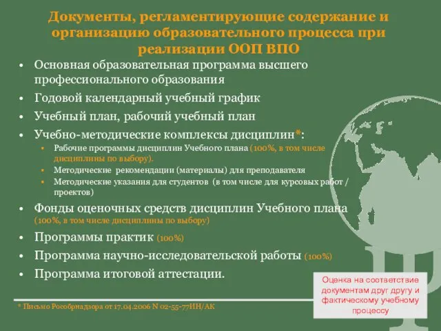 Документы, регламентирующие содержание и организацию образовательного процесса при реализации ООП ВПО Основная