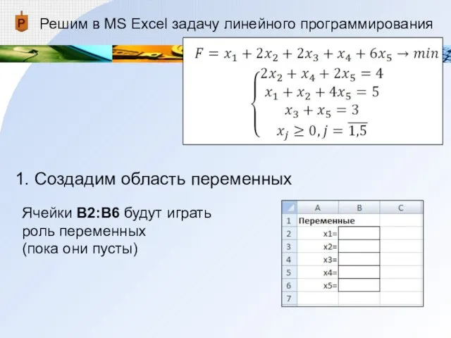 Решим в MS Excel задачу линейного программирования 1. Создадим область переменных Ячейки