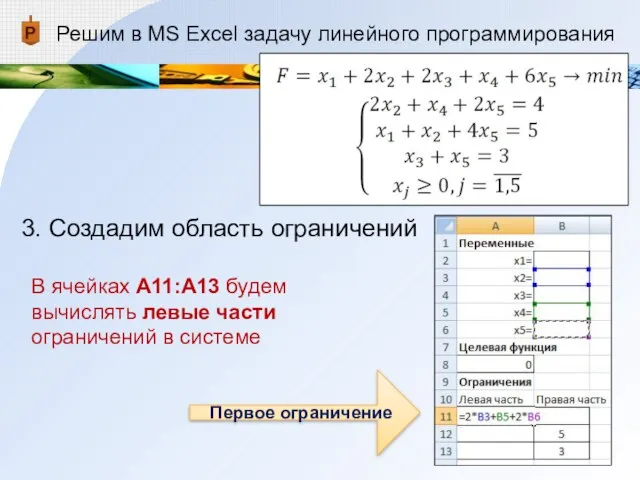 Решим в MS Excel задачу линейного программирования 3. Создадим область ограничений В