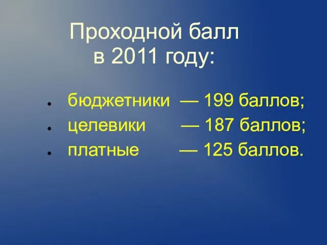 Проходной балл в 2011 году: бюджетники — 199 баллов; целевики — 187