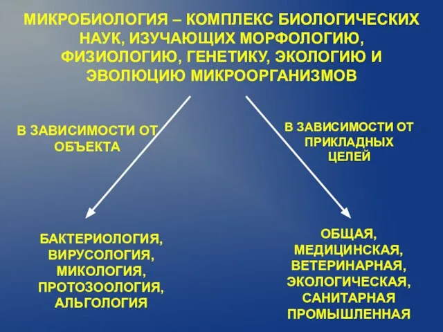 МИКРОБИОЛОГИЯ – КОМПЛЕКС БИОЛОГИЧЕСКИХ НАУК, ИЗУЧАЮЩИХ МОРФОЛОГИЮ, ФИЗИОЛОГИЮ, ГЕНЕТИКУ, ЭКОЛОГИЮ И ЭВОЛЮЦИЮ