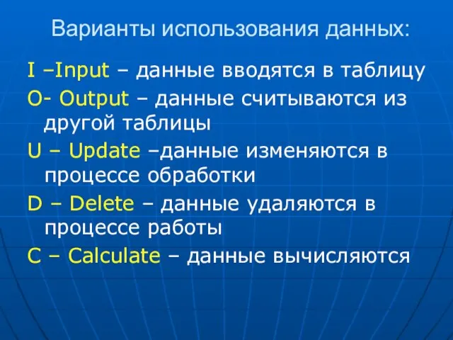 Варианты использования данных: I –Input – данные вводятся в таблицу O- Output