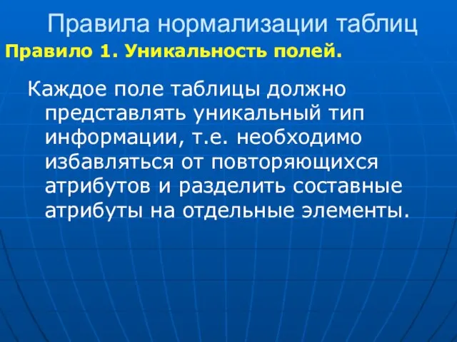 Правила нормализации таблиц Каждое поле таблицы должно представлять уникальный тип информации, т.е.