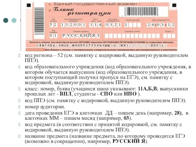 код региона – 52 (см. памятку с кодировкой, выданную руководителем ППЭ). код