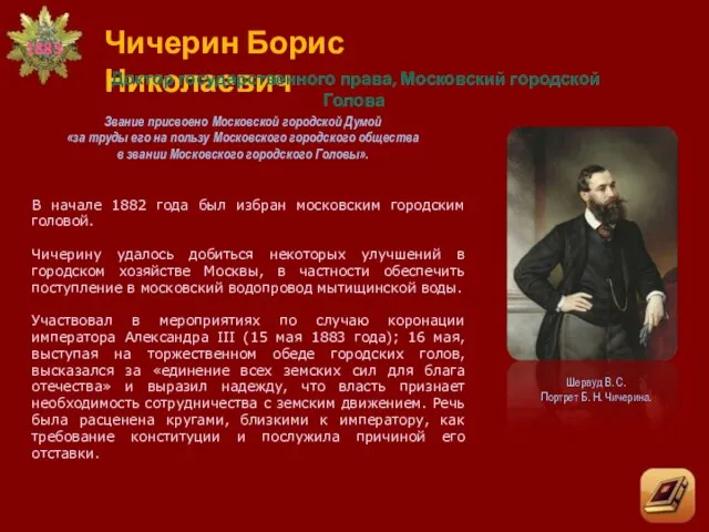 Чичерин Борис Николаевич Доктор государственного права, Московский городской Голова Звание присвоено Московской