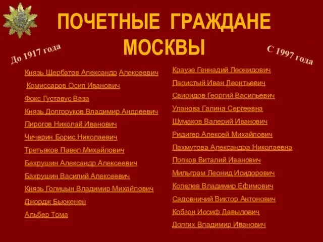 Князь Щербатов Александр Алексеевич Комиссаров Осип Иванович Фокс Густавус Ваза Князь Долгоруков