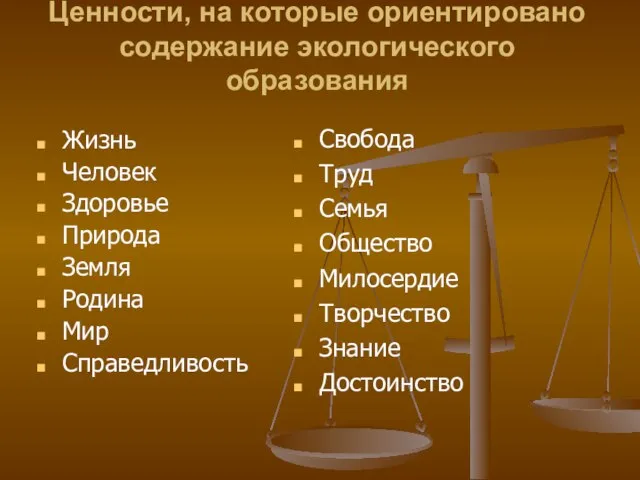 Ценности, на которые ориентировано содержание экологического образования Жизнь Человек Здоровье Природа Земля