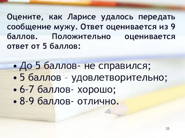 Оцените, как Ларисе удалось передать сообщение мужу. Ответ оценивается из 9 баллов.