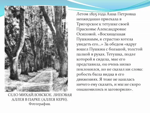 Летом 1825 года Анна Петровна неожиданно приехала в Тригорское к тетушке своей