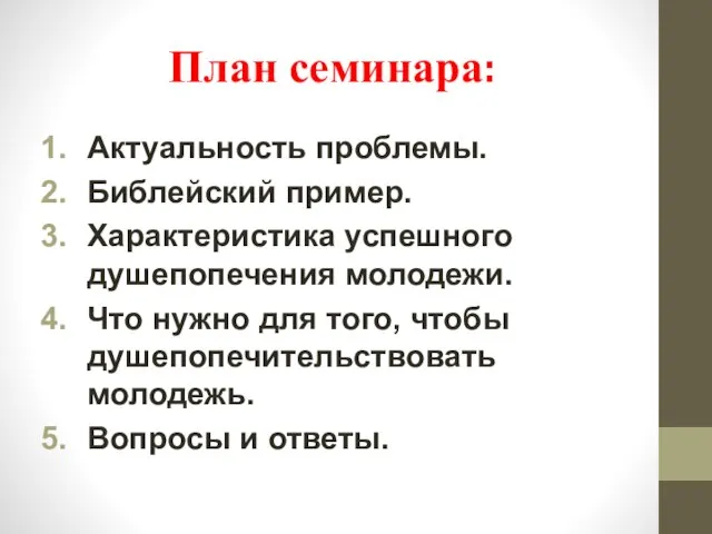 План семинара: Актуальность проблемы. Библейский пример. Характеристика успешного душепопечения молодежи. Что нужно