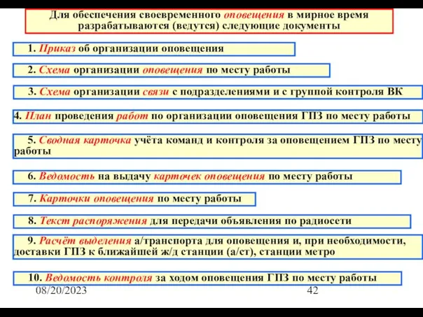 08/20/2023 Для обеспечения своевременного оповещения в мирное время разрабатываются (ведутся) следующие документы