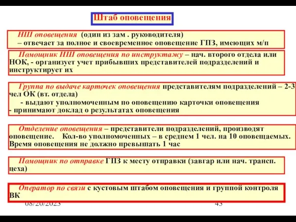 08/20/2023 Штаб оповещения НШ оповещения (один из зам . руководителя) – отвечает