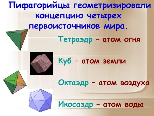 Пифагорийцы геометризировали концепцию четырех первоисточников мира. Тетраэдр – атом огня Куб –