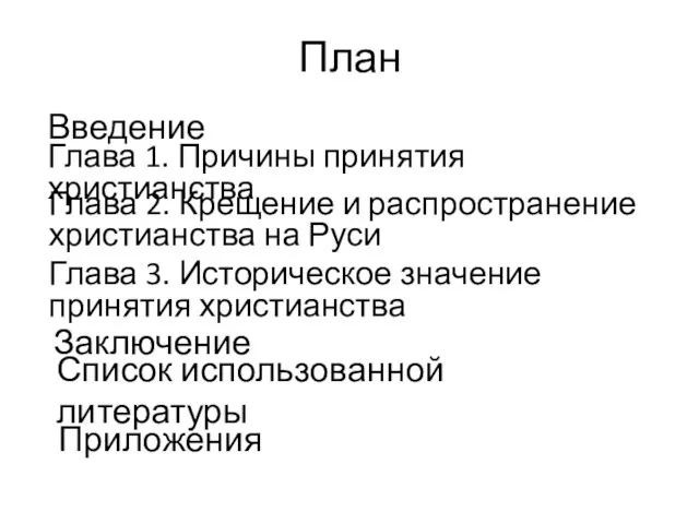 План Введение Глава 1. Причины принятия христианства Глава 2. Крещение и распространение