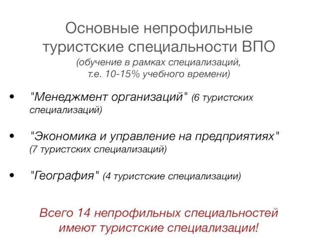 Основные непрофильные туристские специальности ВПО "Менеджмент организаций" (6 туристских специализаций) "Экономика и