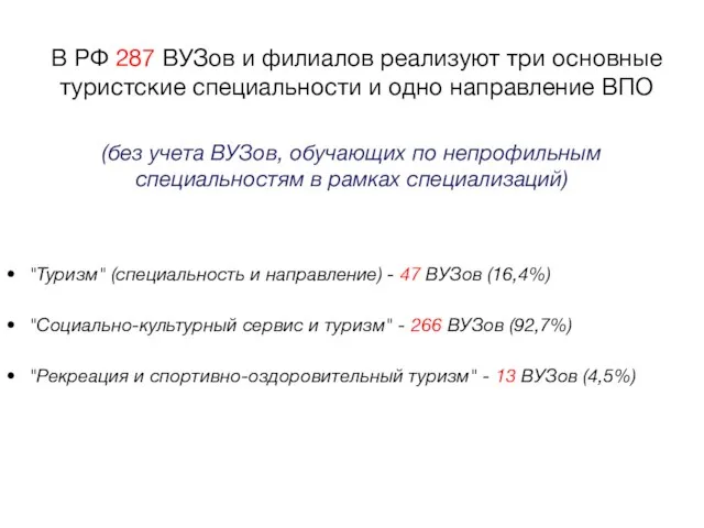 В РФ 287 ВУЗов и филиалов реализуют три основные туристские специальности и