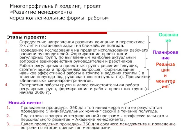 Многопрофильный холдинг, проект «Развитие менеджмента через коллегиальные формы работы» Новый виток: Проведение