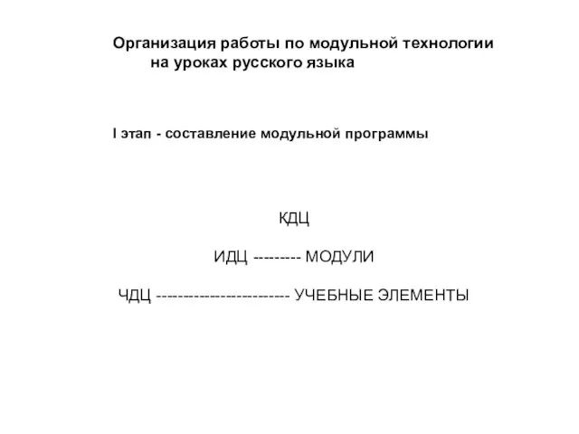 Организация работы по модульной технологии на уроках русского языка I этап -