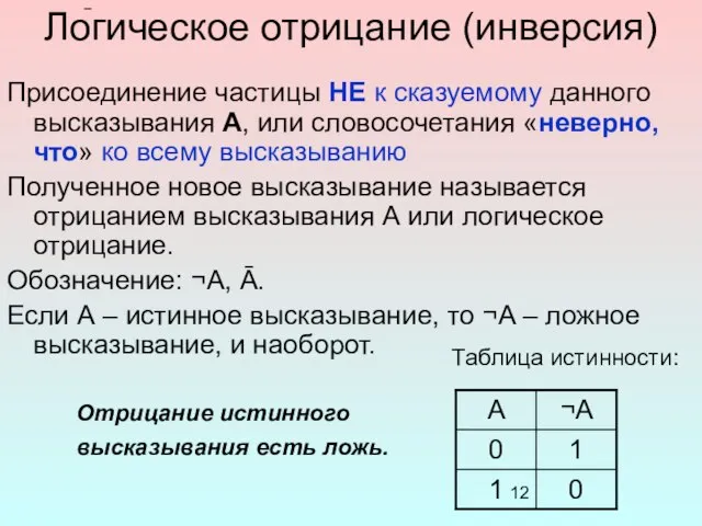 Логическое отрицание (инверсия) Присоединение частицы НЕ к сказуемому данного высказывания А, или