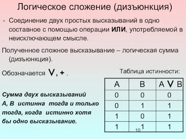 Логическое сложение (дизъюнкция) Соединение двух простых высказываний в одно составное с помощью