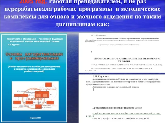 2005 год. Работая преподавателем, я не раз перерабатывала рабочие программы и методические