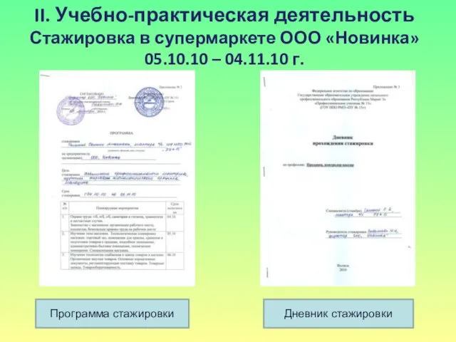 II. Учебно-практическая деятельность Стажировка в супермаркете ООО «Новинка» 05.10.10 – 04.11.10 г. Программа стажировки Дневник стажировки