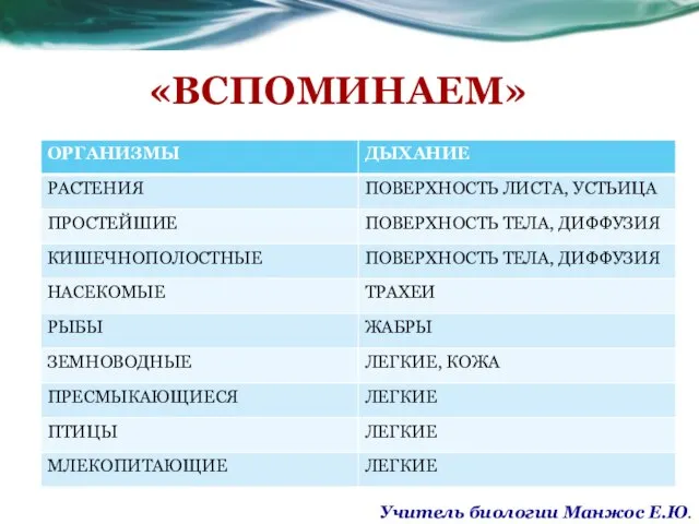 «ВСПОМИНАЕМ» Учитель биологии Манжос Е.Ю.