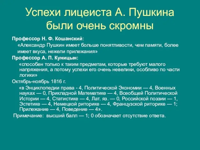 Успехи лицеиста А. Пушкина были очень скромны Профессор Н. Ф. Кошанский: «Александр