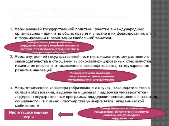 СИСТЕМА МЕР ПО РЕАЛИЗАЦИИ ГОСУДАРСТВЕННОЙ ПОЛИТИКИ ВНЕШНЕГО ПРИСУТСТВИЯ. РОЛЬ УНИВЕРСИТЕТОВ. 1. Меры